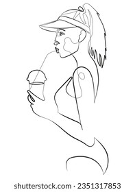 Beautiful Woman in Swimsuit Having a Drink with Summer Hat in Minimal One Line Art Drawing
