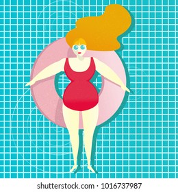 Beautiful woman in swimsuit relaxing on a rubber ring in the pool. Vector characters illustration. Modern stylish texture. 