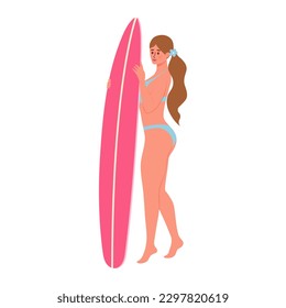 Beautiful woman in swimsuit with surfboard. Beach surfer girl. Active summer, Healthy Lifestyle, Surfing, Summer Vacation concept.