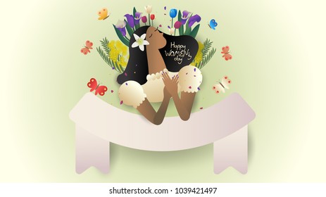 beautiful woman with symbol flowers and scroll,cute cartoon character,vector illustration,international women's day,for website banner,commercial,content head or presentation background,space for text