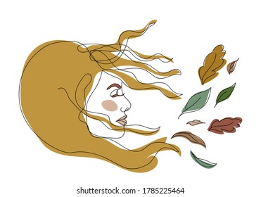 Beautiful Woman Symbolizing Fall. Autumn Time Concept. Profile Among Flying Leaves. Leaf Fall. Wind Blows. Line Art. Drawn From Modern Trendy Minimalism. Stock Vector Illustration Isolated On White