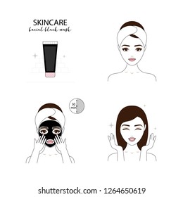 Beautiful woman take care about her face. Illustrated steps how to apply a black mask. Isolated lined illustrations set.