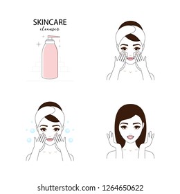 Beautiful woman take care about her face. Illustrated steps how to apply a cleanser. Isolated lined illustrations set.