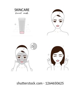 Beautiful woman take care about her face. Illustrated steps how to apply a facial mask. Isolated lined illustrations set.