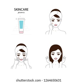 Beautiful woman take care about her face. Illustrated steps how to apply a primer. Isolated lined illustrations set.