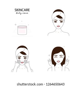 Beautiful woman take care about her face. Illustrated steps how to apply a daily cream. Isolated lined illustrations set