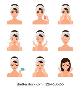 Beautiful woman take care about her face. Illustrated steps how to take care of skin, daily care. Isolated flat illustrations set.