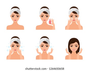 Beautiful woman take care about her face. Illustrated steps how to take care of skin, daily care. Isolated flat illustrations set.