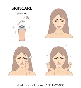 Beautiful woman take care about her face. Illustrated steps how to apply a facial serum. Isolated lined illustrations set.
