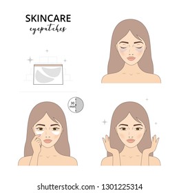 Beautiful woman take care about her face. Illustrated steps how to apply eye patches, dark circles under eyes. Isolated lined illustrations set.