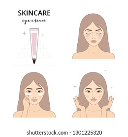 Beautiful woman take care about her face. Illustrated steps how to apply eye cream, dark circles under eyes. Isolated lined illustrations set.