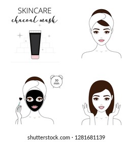 Beautiful woman takes care about her face. Illustrated steps how to apply chacoal mask for face.  Isolated lined illustrations set.
