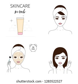 Beautiful woman takes care about her face. Illustrated steps how to apply scrub for face.  Isolated lined illustrations set.