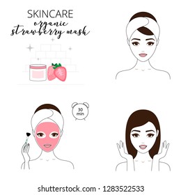 Beautiful woman takes care about her face. Illustrated steps how to apply organic strawberry mask for face.  Isolated lined illustrations set.