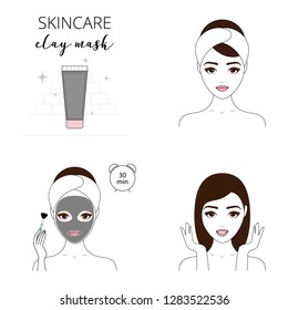 Beautiful woman takes care about her face. Illustrated steps how to apply a clay mask for face.  Isolated lined illustrations set.