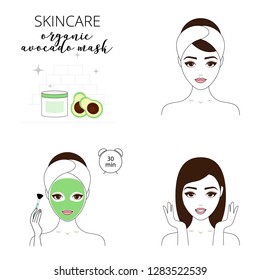 Beautiful woman takes care about her face. Illustrated steps how to apply organic avocado mask for face.  Isolated lined illustrations set.
