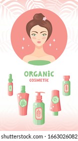 Beautiful woman takes care of her face with natural herbal organic cosmetics. Different skin and hair care products. Cosmetic products from plants and herbs.  Serum, balm, lotion, oil. Vertical banner