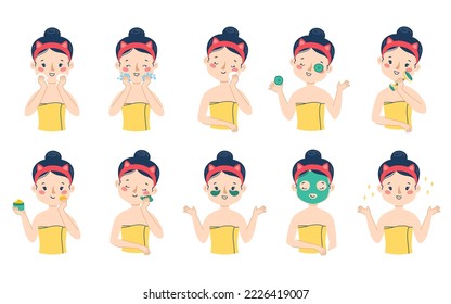 A beautiful woman takes care of her face skin step by step. Big vector set. Isolated on a white background