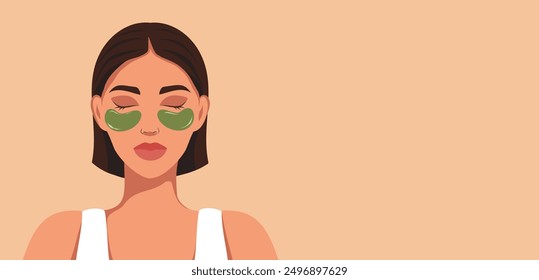 A beautiful woman takes care of her facial skin. Patches, facial massage, swelling removal. Youthful skin. Vector flat illustration for text, advertising, website, banner, posters, cover, flyer