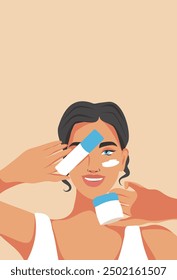 A beautiful woman takes care of her facial skin. Facial skin care, a girl applies and advertises cream and serum. Vector flat illustration for advertising, website, banner, posters, cover