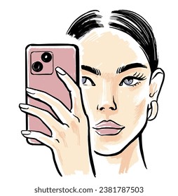 Beautiful woman takes selfie. Girl model face sketch