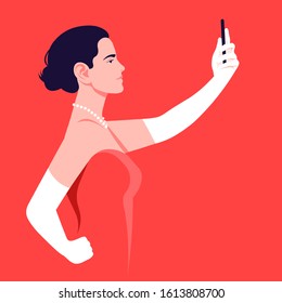 A beautiful woman takes a selfie and holds her smartphone in her hand. A blogger is photographed for a social network. Vector flat illustration