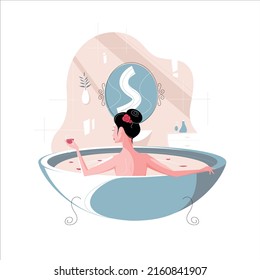 Beautiful woman taking a bath with rose petals vector illustration. The girl enjoys water procedures in the bathroom and drinks wine.