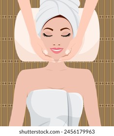 beautiful woman taking facial massage treatment in the spa salon. SPA beauty and health concept. Skin care . Relaxation Vector illustration in flat style