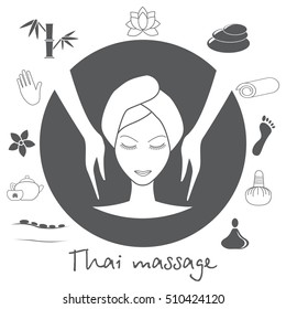 Beautiful woman taking facial massage treatment. Thai massage. Spa icons set in grey. Stock vector. Flat design.