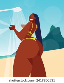 Beautiful woman taking a shower on the beach in Rio  - flat character - vector illustration – linear illustration