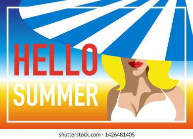 Beautiful woman tanning at the beach, retro style. Hello Summer, holiday concept. Pop art. Summer holiday. Vector seamless pattern illustration