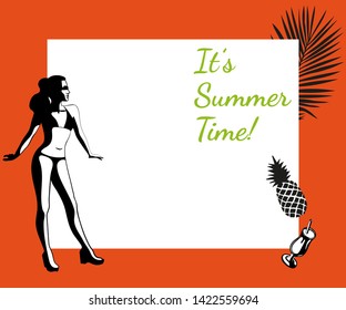 Beautiful woman tanning, with sunglasses, hat, at the beach, retro style. Hello Summer, holiday concept. Pop art. Summer holiday. Vector seamless pattern illustration