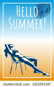 Beautiful woman tanning, with sunglasses, hat, at the beach, retro style. Hello Summer, holiday concept. Pop art. Summer holiday. Vector seamless pattern illustration