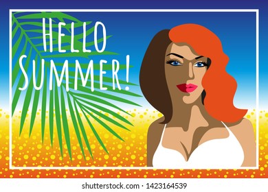 Beautiful woman tanning, with sunglasses, hat, at the beach, retro style. Hello Summer, holiday concept. Pop art. Summer holiday. Vector seamless pattern illustration