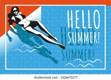 Beautiful woman tanning, with sunglasses, hat, at the beach, retro style. Hello Summer, holiday concept. Pop art. Summer holiday. Vector seamless pattern illustration
