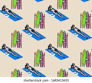 Beautiful woman tanning, with sunglasses, hat, at the beach, retro style. Seamless summer beach pattern. Hello Summer, holiday concept. Vector seamless pattern illustration