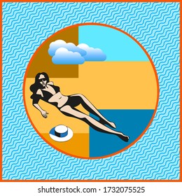 Beautiful woman tanning, with sunglasses, hat, at the beach, retro style. Pop art. Summer holiday. Modern ornamental decorative background. Square print for textile, cloth, scrapbooking