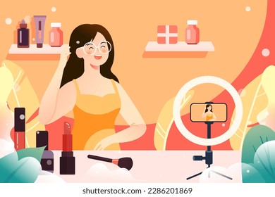 Hermosa mujer enseña a otros a inventar y vender sus propios productos en una sala de transmisión en vivo, con cosméticos y una sala de transmisión en vivo en el fondo, ilustración vectorial