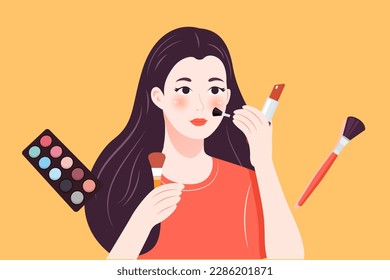 Hermosa mujer enseña a otros a inventar y vender sus propios productos en una sala de transmisión en vivo, con cosméticos y una sala de transmisión en vivo en el fondo, ilustración vectorial