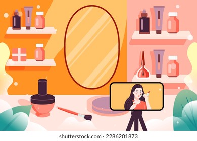 Beautiful woman teaches others to make up and sells her own products in a live broadcast room, with cosmetics and a live broadcast room in the background, vector illustration