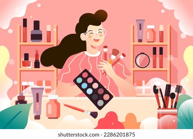 Hermosa mujer enseña a otros a inventar y vender sus propios productos en una sala de transmisión en vivo, con cosméticos y una sala de transmisión en vivo en el fondo, ilustración vectorial