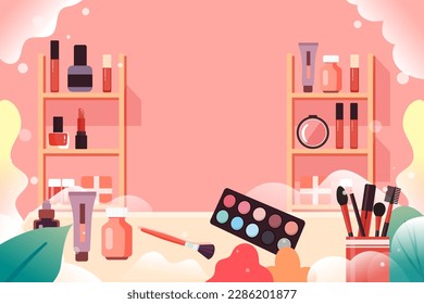 Hermosa mujer enseña a otros a inventar y vender sus propios productos en una sala de transmisión en vivo, con cosméticos y una sala de transmisión en vivo en el fondo, ilustración vectorial