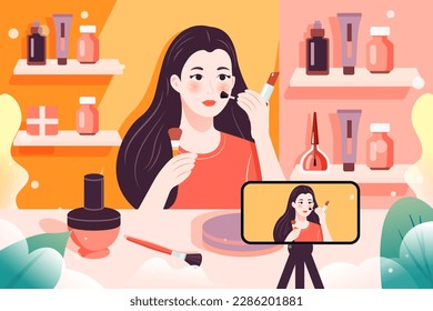 Hermosa mujer enseña a otros a inventar y vender sus propios productos en una sala de transmisión en vivo, con cosméticos y una sala de transmisión en vivo en el fondo, ilustración vectorial