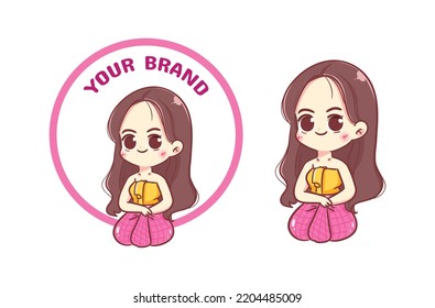 Beautiful woman in Thai traditional dress character cartoon logo hand drawn cartoon illustration