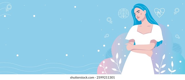 Beautiful woman in therapy hugs herself and is in harmony, calm in heart and pure in thoughts. Women's mental health. Vector illustration for Mental Health Day. For health and psychology projects