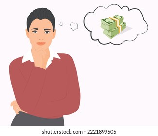 beautiful woman thinking about money about her income financial planning Solve financial problems. Vector illustration.