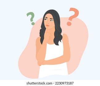 Beautiful woman thinking about solving a life story or is wondering, there are many questions in her head.Vector illustration.