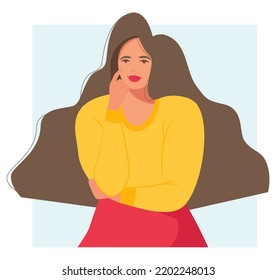 A beautiful woman is thinking about something. A thoughtful girl makes a decision or explains some things for herself. A woman with long hair.