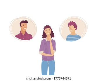 Beautiful woman thinking about two men. Young girl chooses boyfriend. Flat vector illustration in cartoon style.