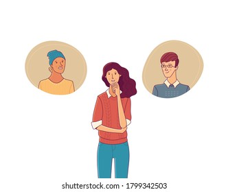 Beautiful woman thinking about two men. Young girl chooses boyfriend. Flat vector illustration in cartoon style.